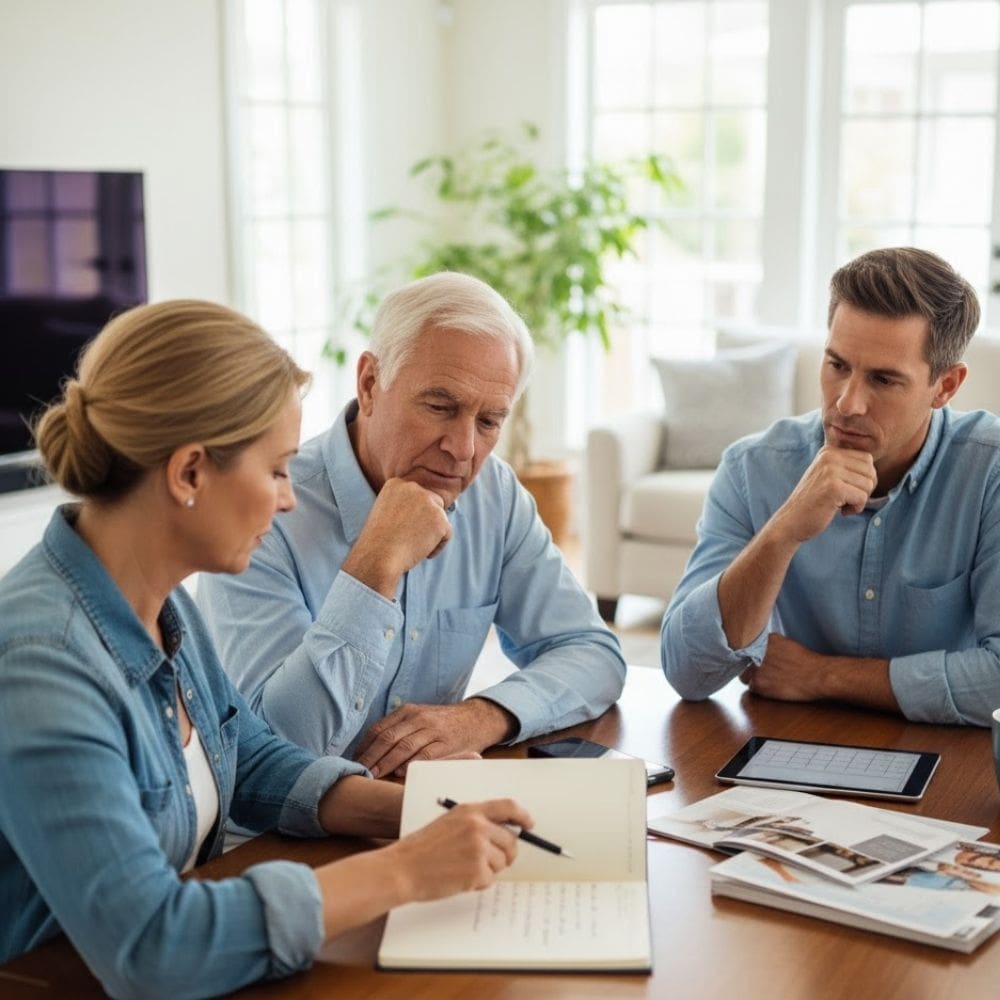 Three people engaged in a serious business discussion at a table.