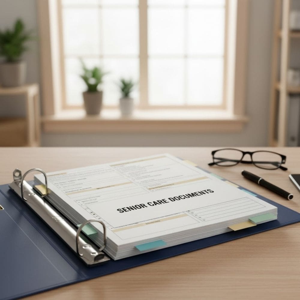A binder labeled 'Project Plan Document' on a wooden desk with glasses and pen nearby.