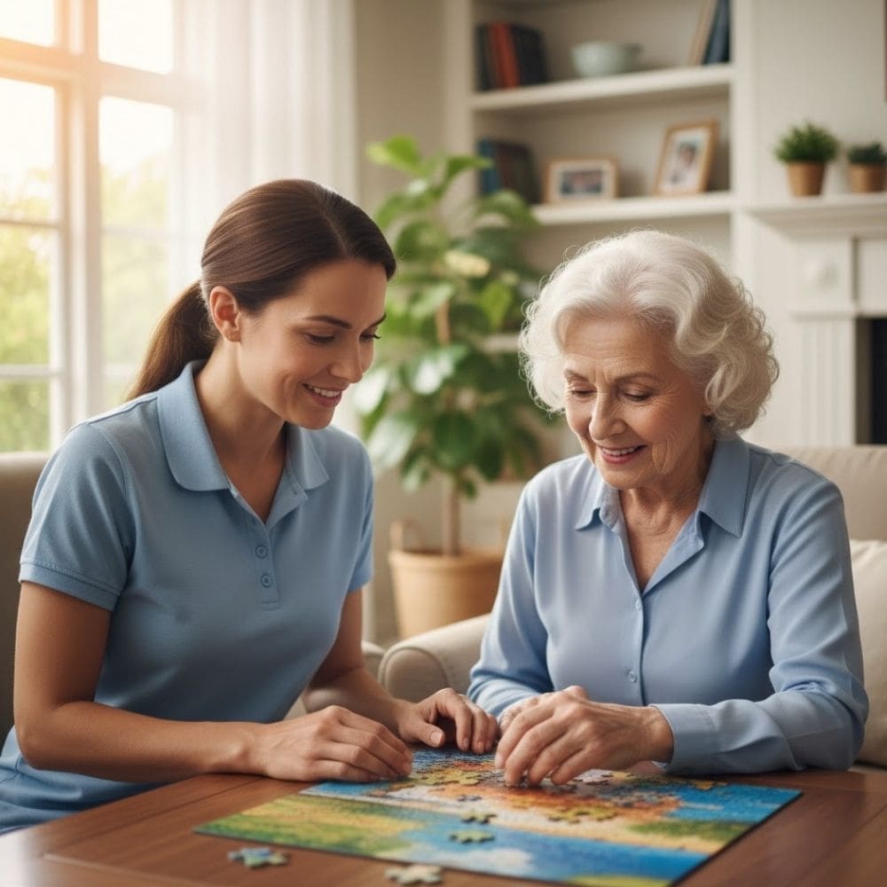A young woman and elderly woman happily assembling a puzzle together.