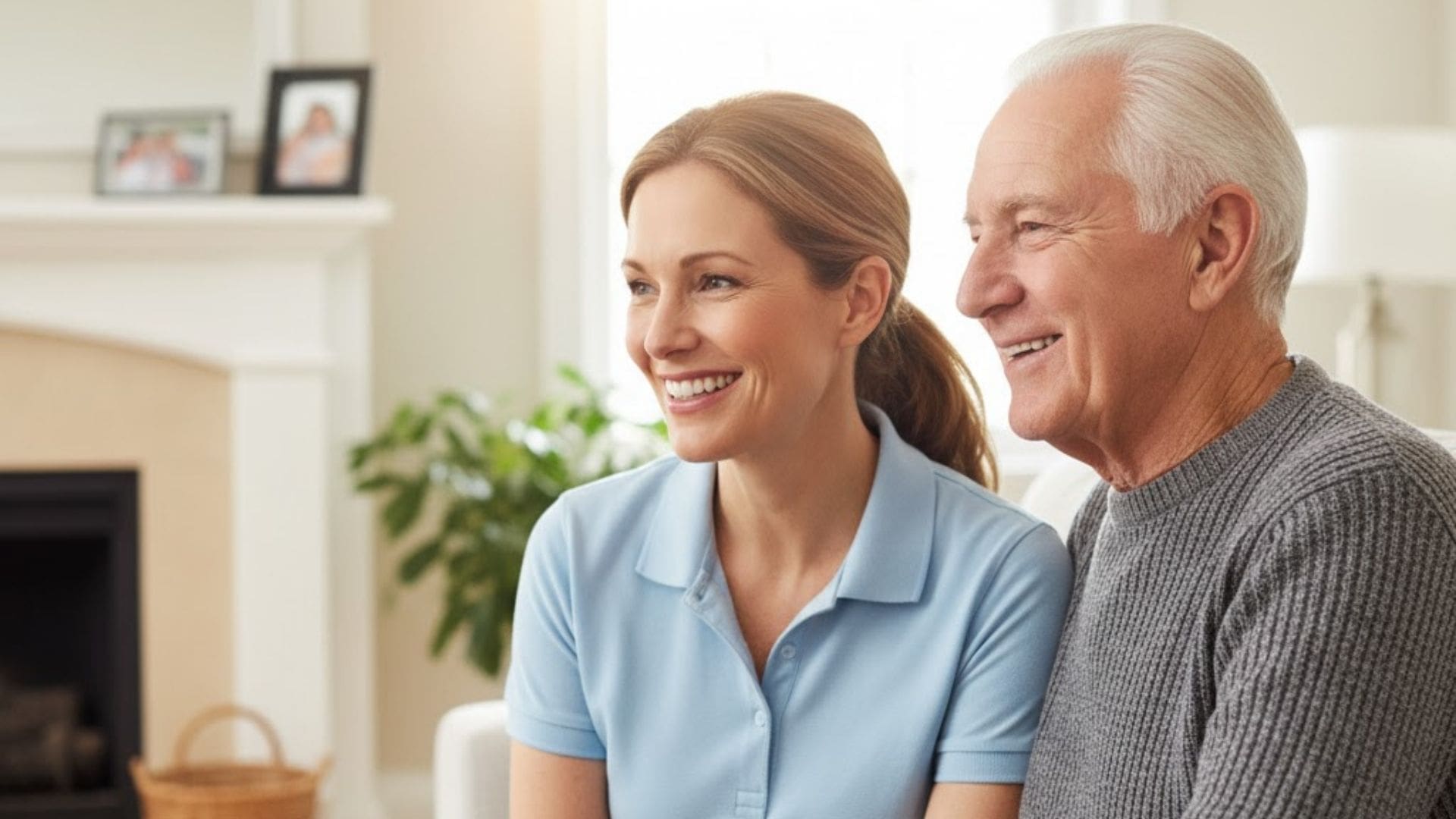 Smiling young woman and older man enjoying a moment together indoors.