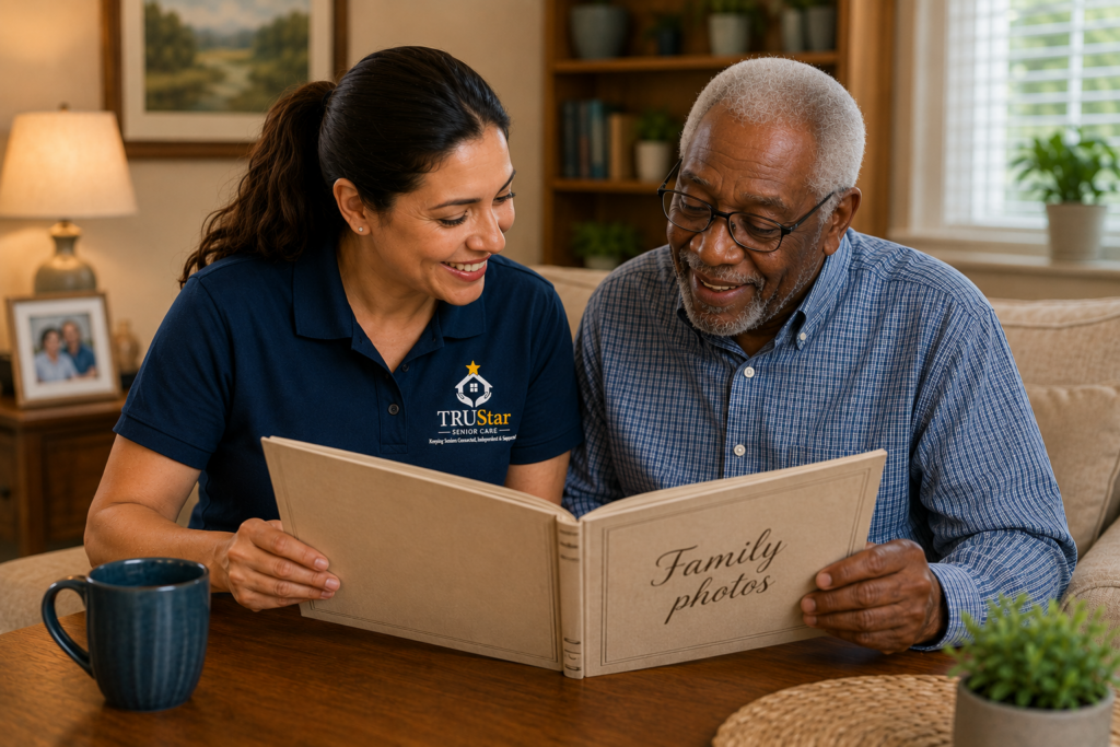 TRU Star Caregiver and older man looking through a family photo album.