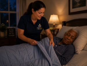 Overnight caregiver fixing the blanket of a sleeping senior.