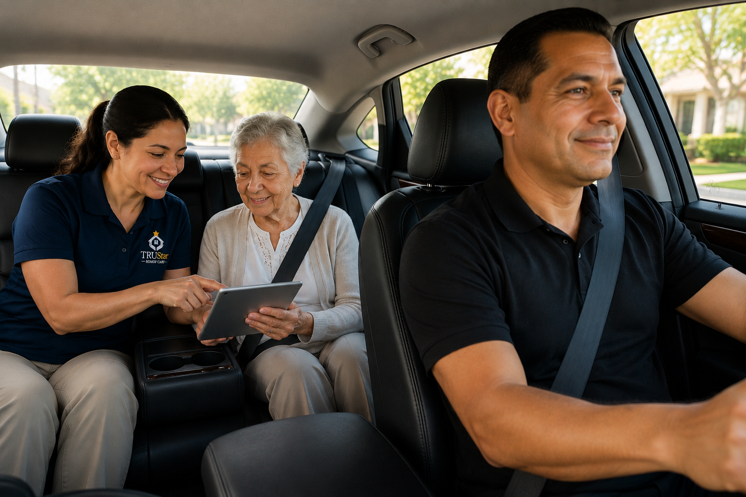 Caregiver assisting a senior with a tablet in the back seat while a private driver provides safe transportation.