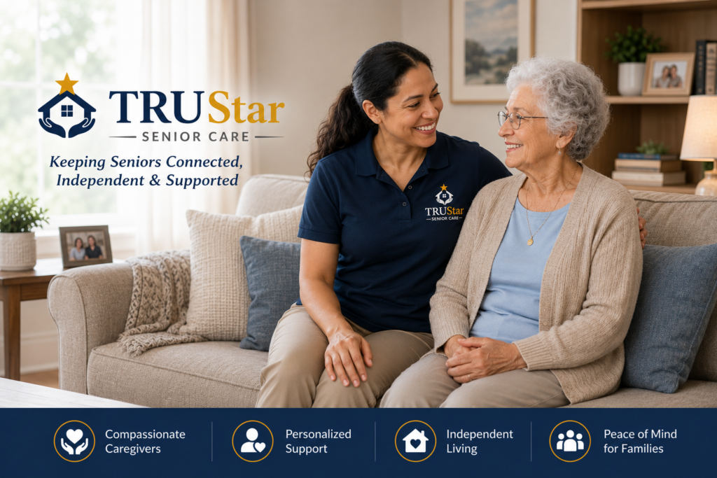 TRU Star caregiver and a senior sitting on a sofa looking comfortable
