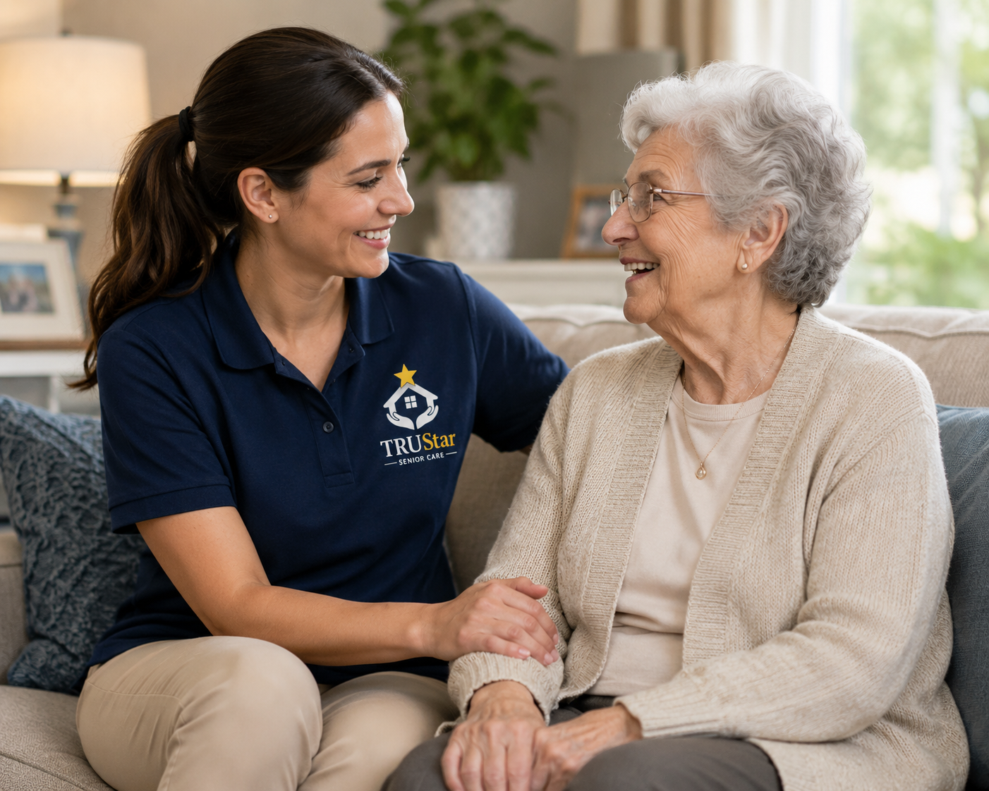 TRU Star caregiver and senior engaged in a conversation