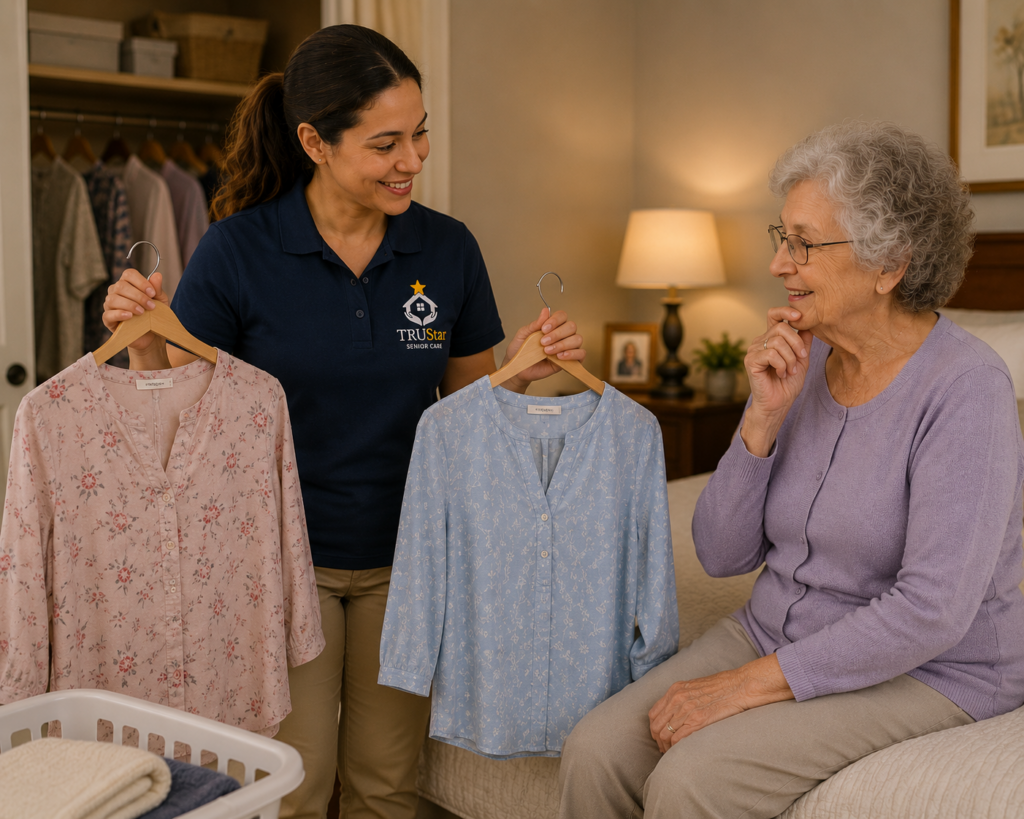 TRU Star caregiver asking the senior what they would like to wear
