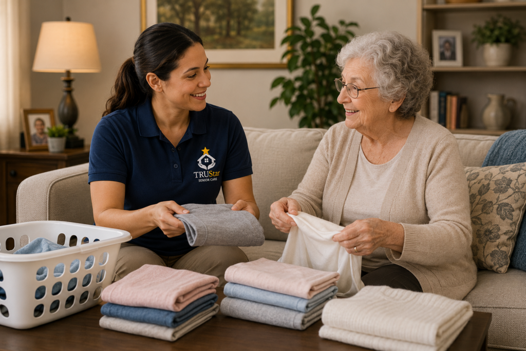 TRU Star caregiver and a senior folding laundry together at home.