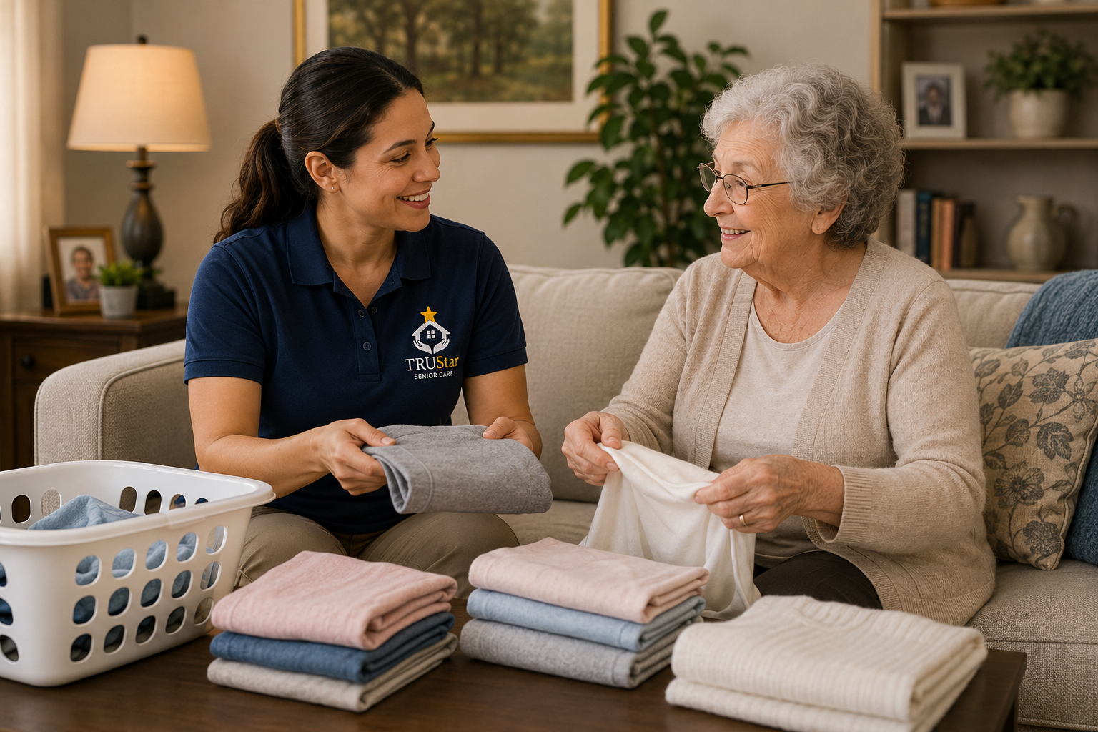 TRU Star caregiver and a senior folding laundry together at home.