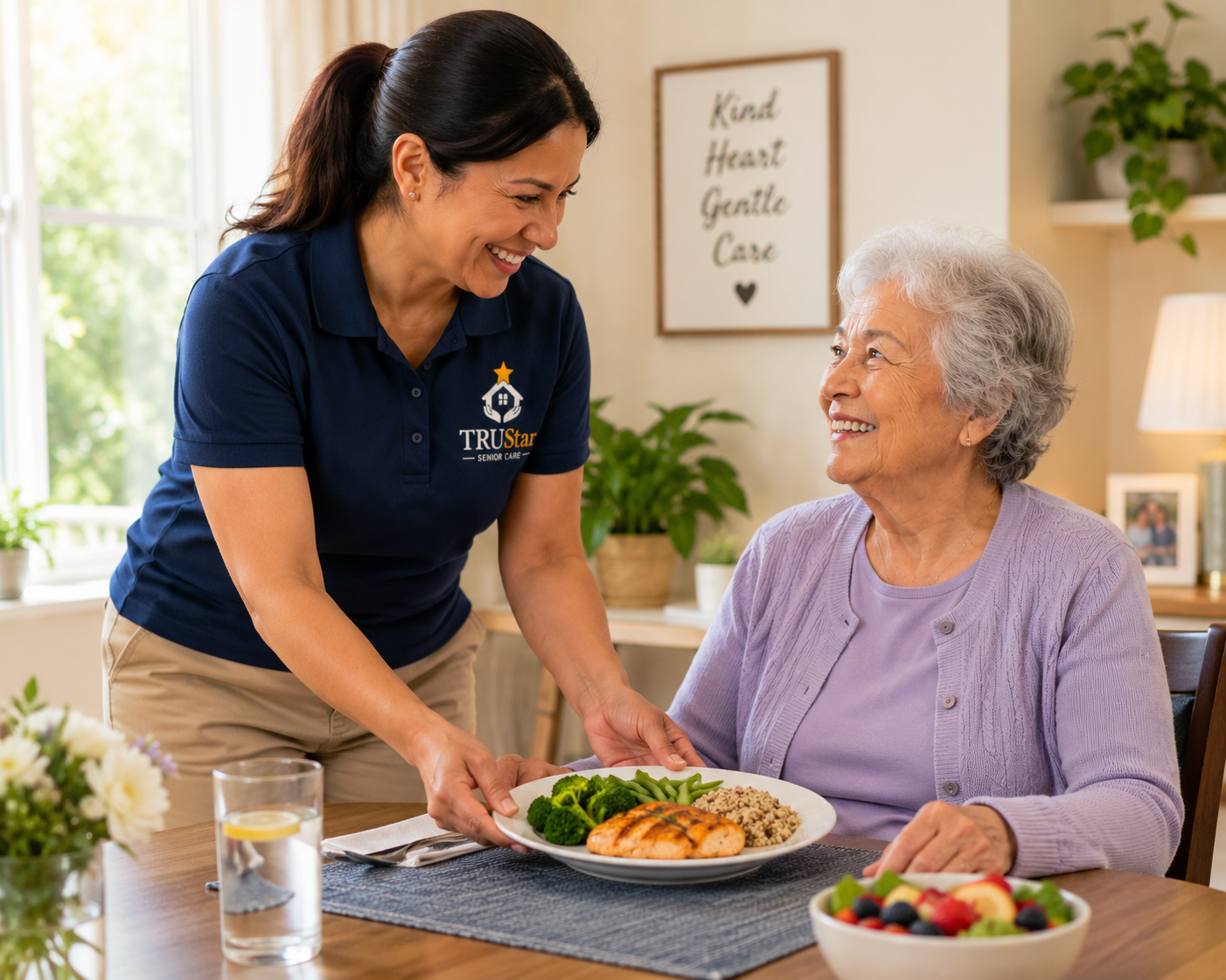 TRU Star caregiver serving a healthy meal to a senior in the dining room.