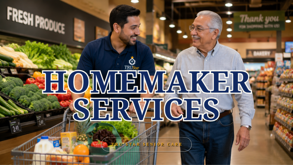 TRU Star caregiver and a senior walking in a grocery store.