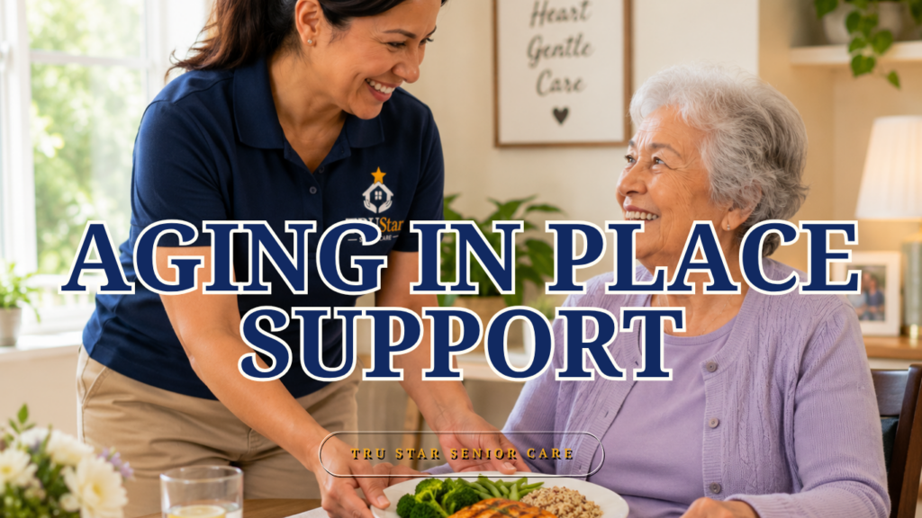 TRU Star caregiver serving a healthy meal to a senior.