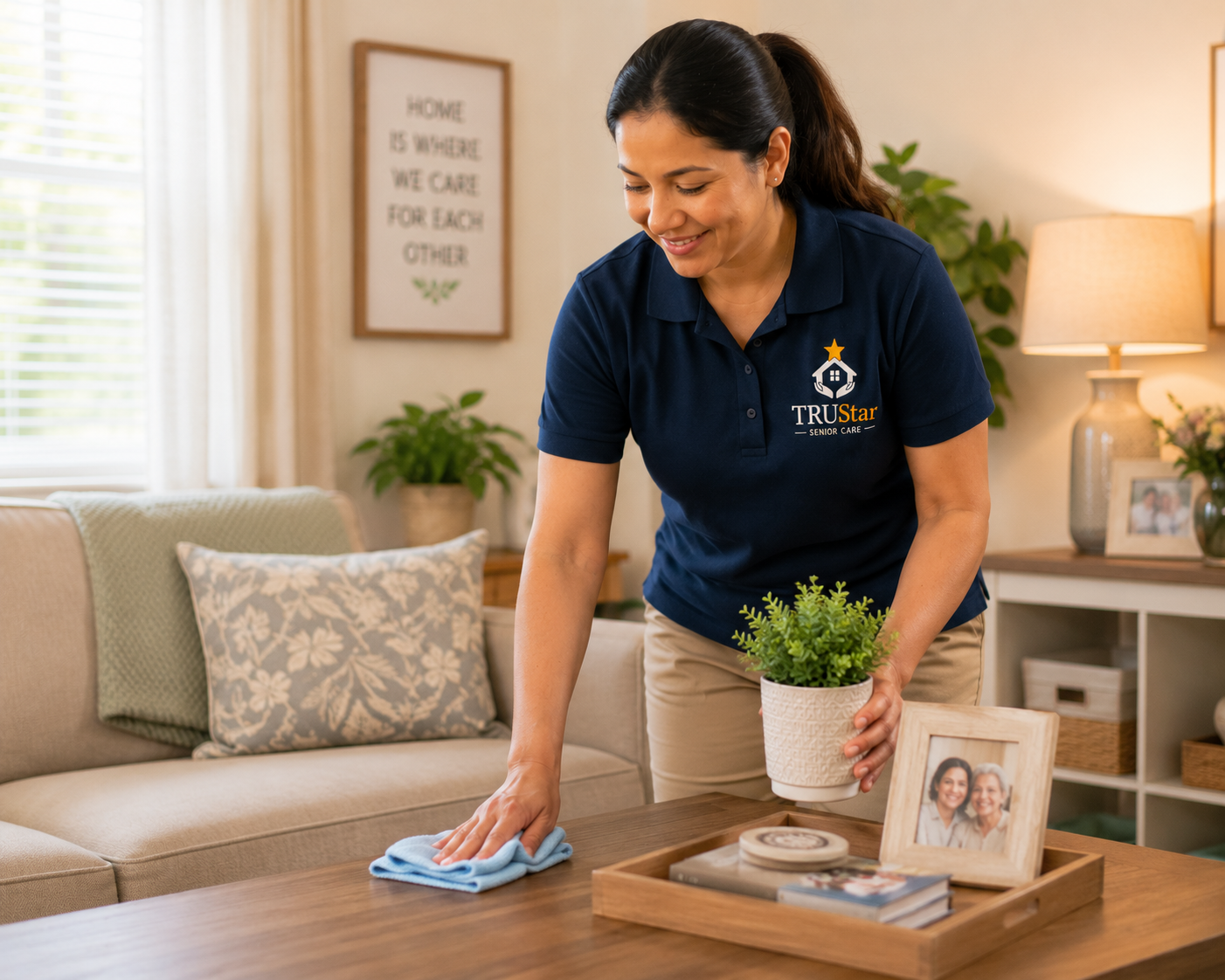 TRU Star caregiver wiping the table in the living room