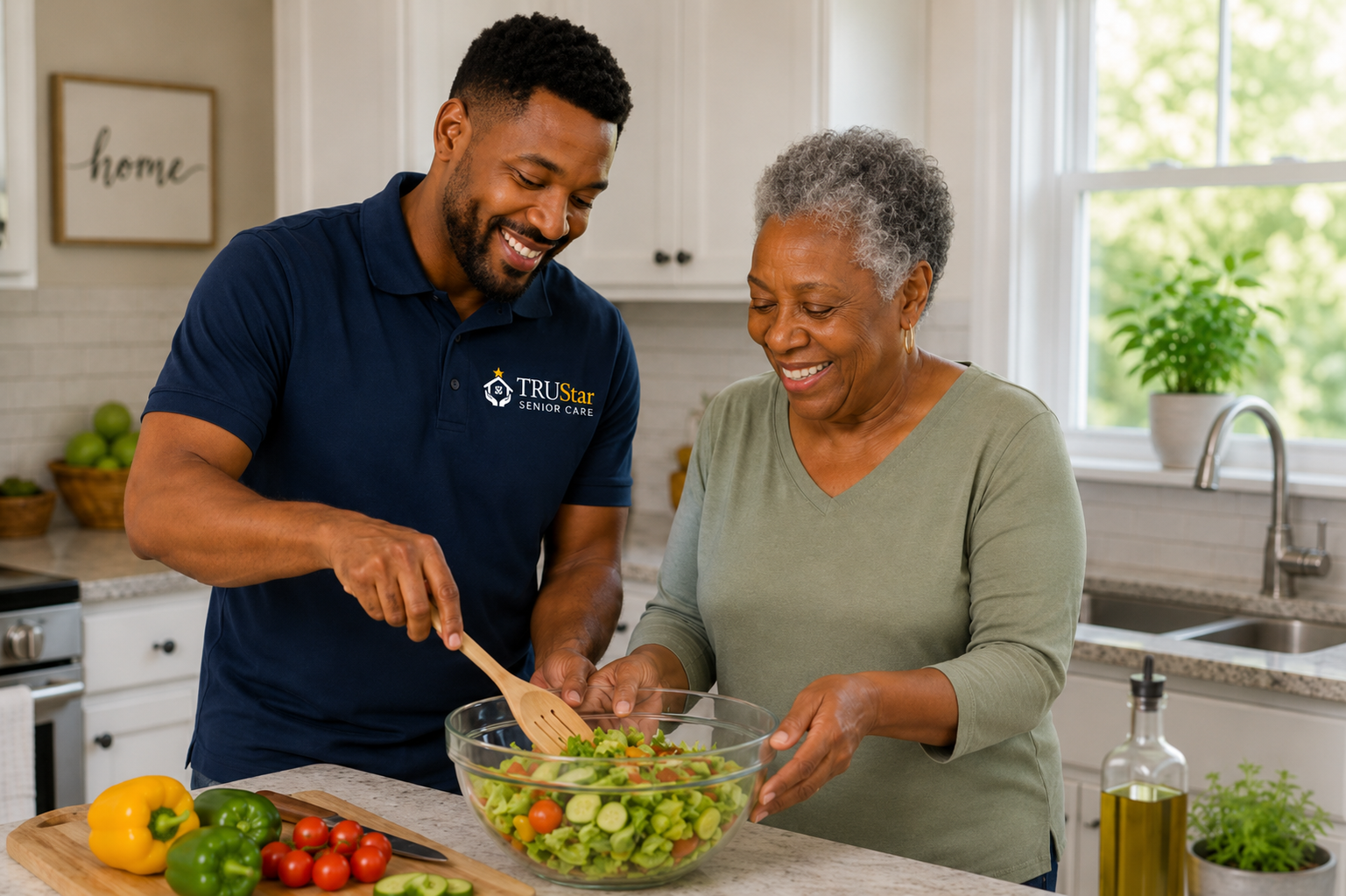 TRU Star Caregiver and a senior preparing a salad together in the kitchen.