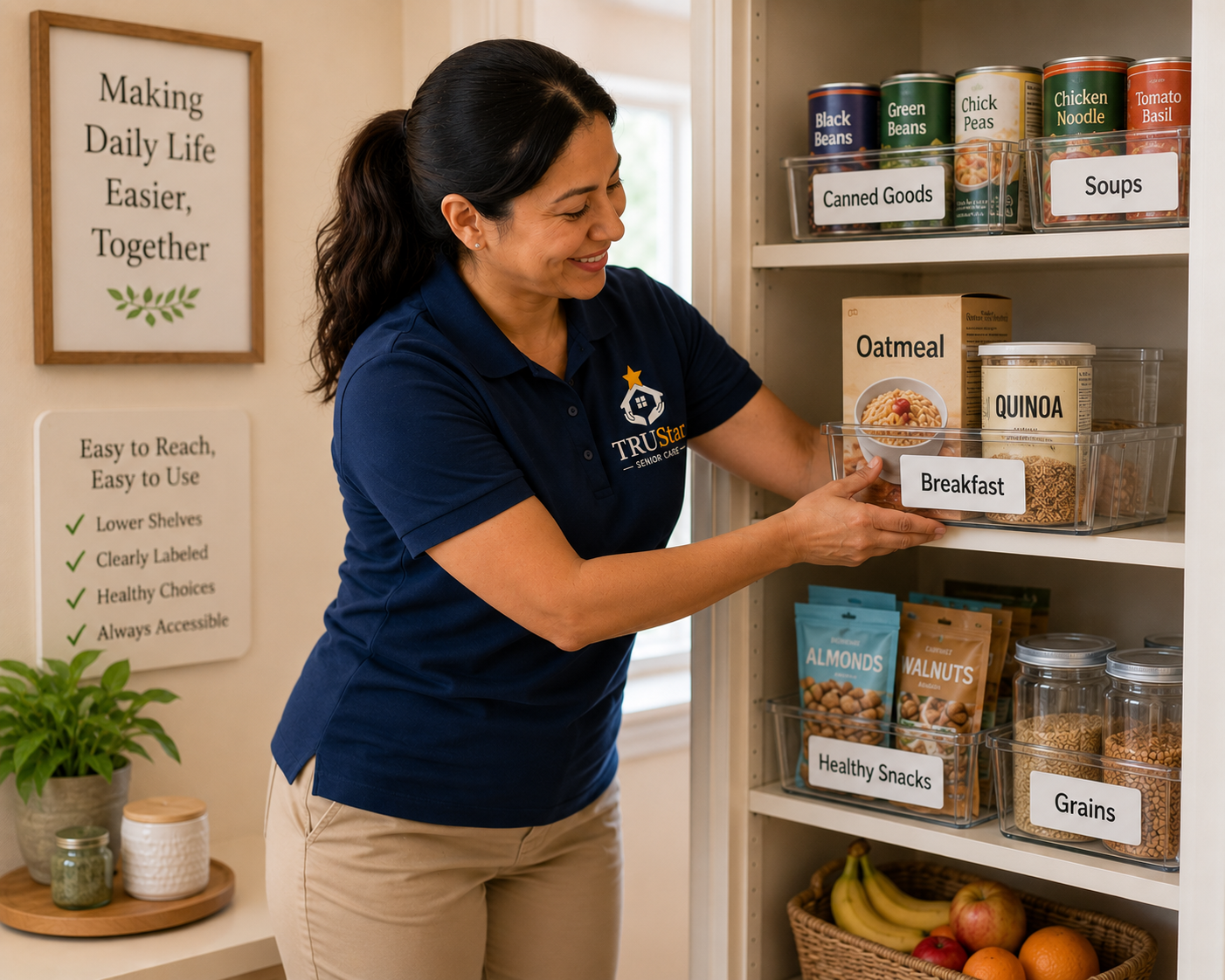 TRU Star caregiver organizing the pantry, placing the food into easy-to-reach area.