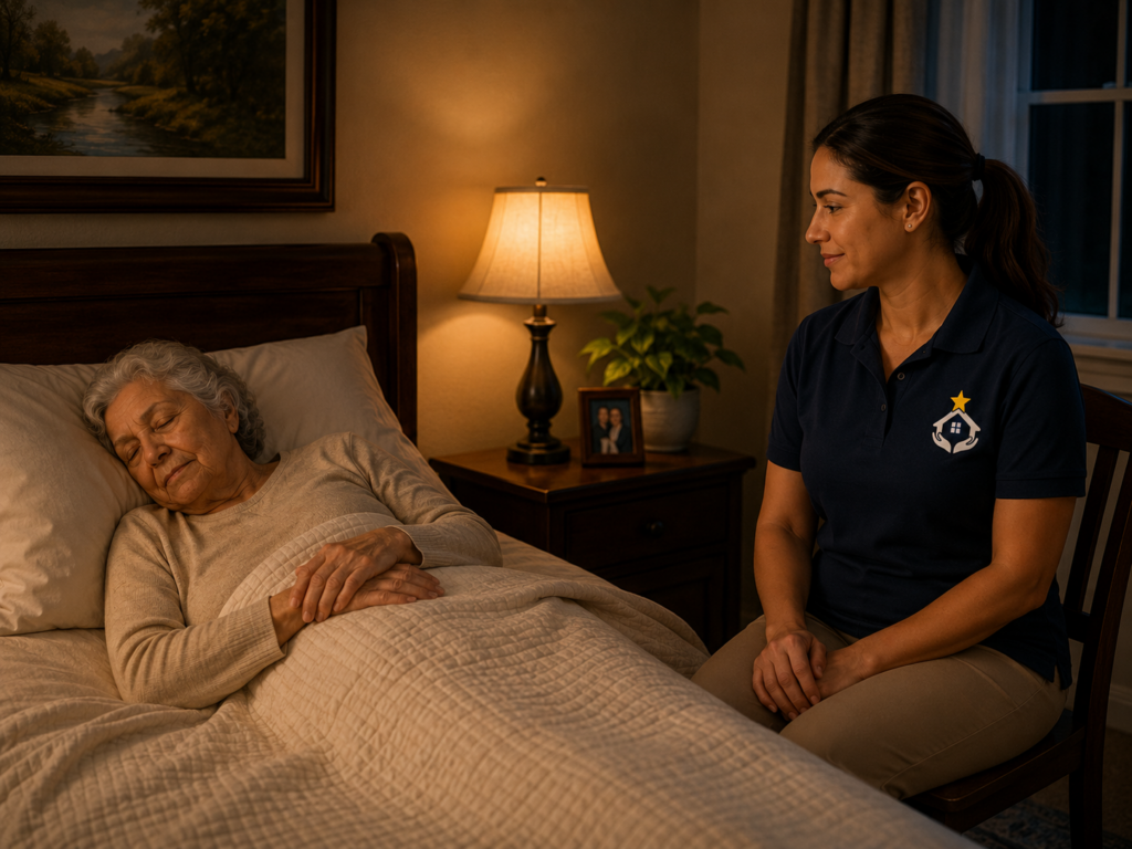 Overnight caregiver monitoring an older woman resting in bed.