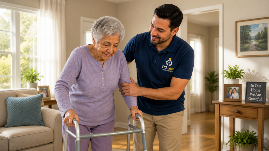 TRU Star Caregiver assisting a senior walking with a walker at home.