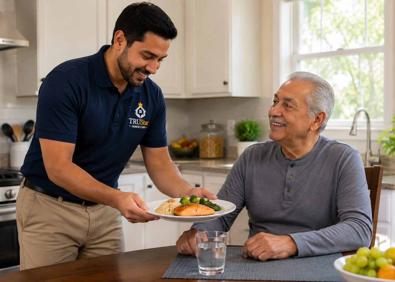 TRU Star caregiver serving a cooked meal to a senior.