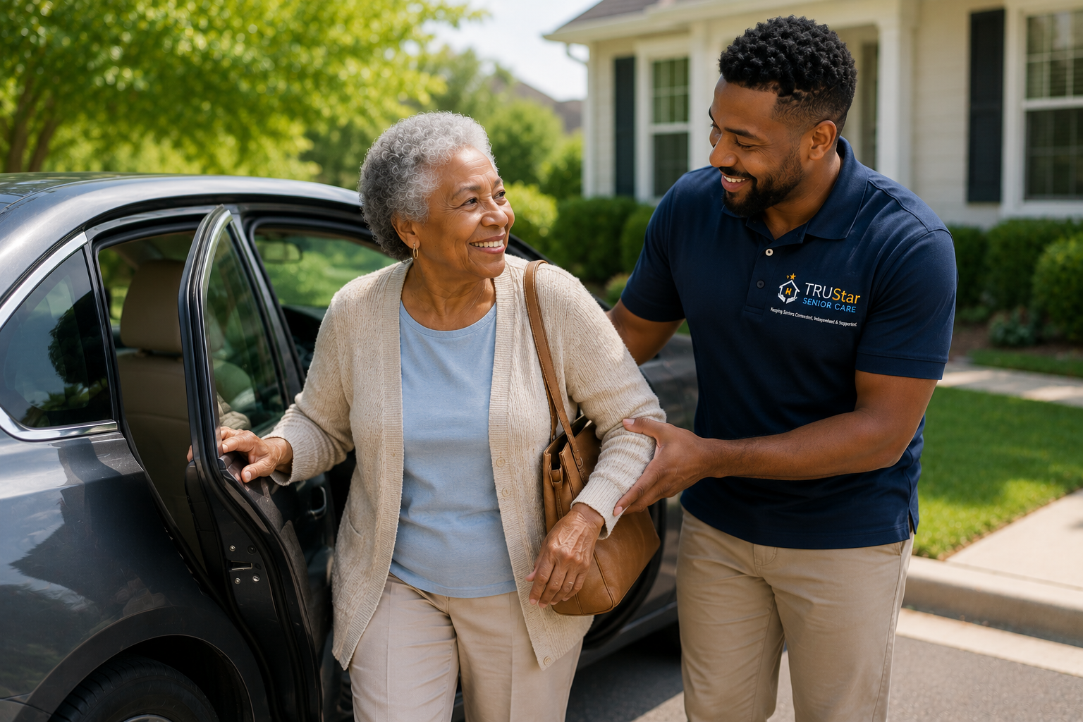 TRU Star Private driver assisting a senior as she enters the car.