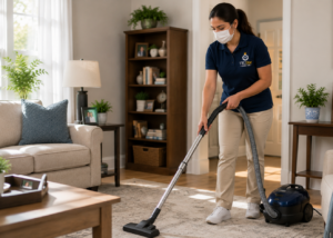 TRU Star caregiver vacuuming the living room of the senior's house.