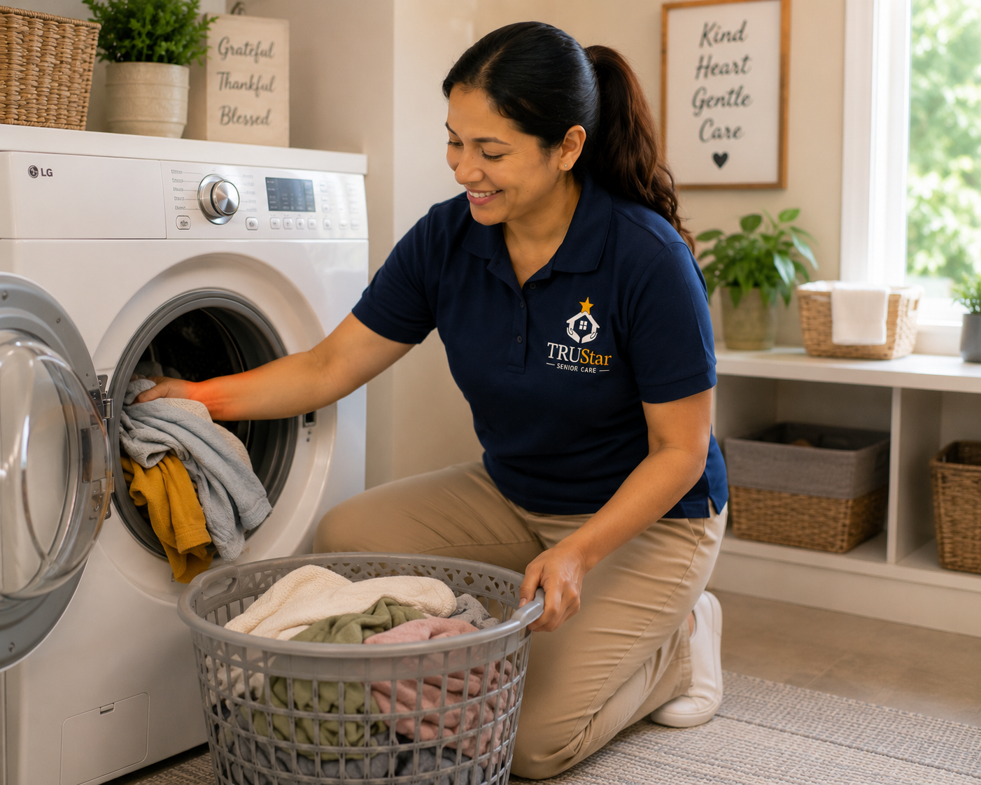 TRU Star caregiver loading dirty clothes into the washing machine