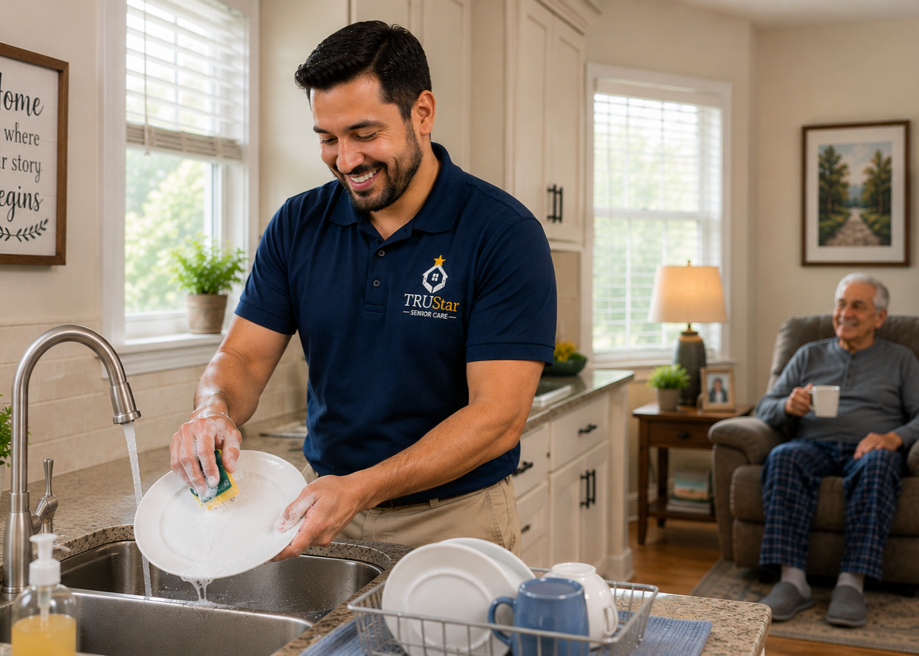 TRU Star caregiver washing the dishes in the kitchen while the senior is resting in the background.