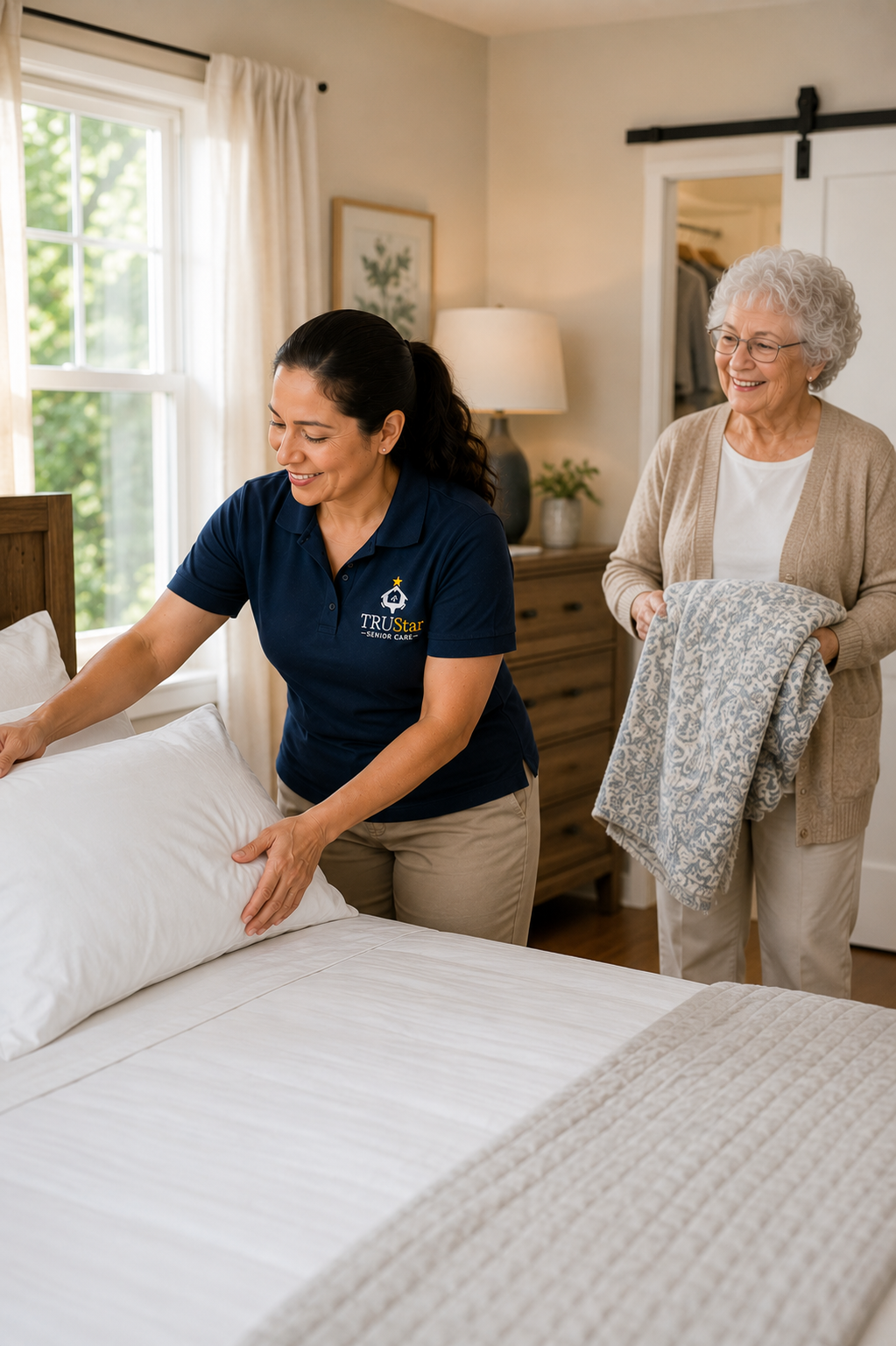 TRU Star caregiver assisting a senior in changing linens and beddings.