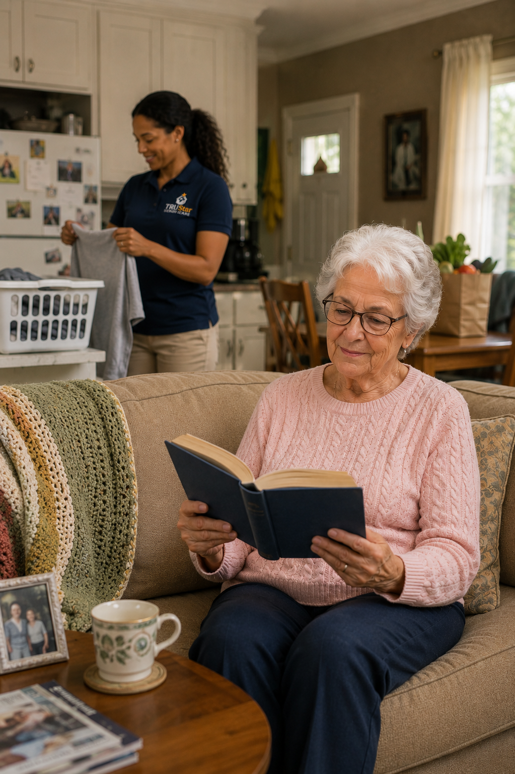 A senior comfortably reading a book with a TRU Star caregiver working in the background.