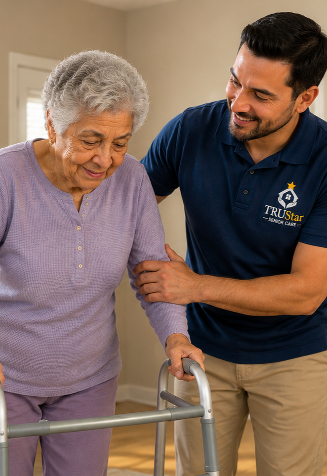 TRU Star caregiver assisting a senior in using a walker after rehabilitation discharge