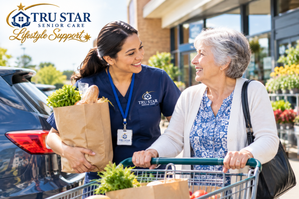 create an image for website showing A caregiver helping older adult in errands