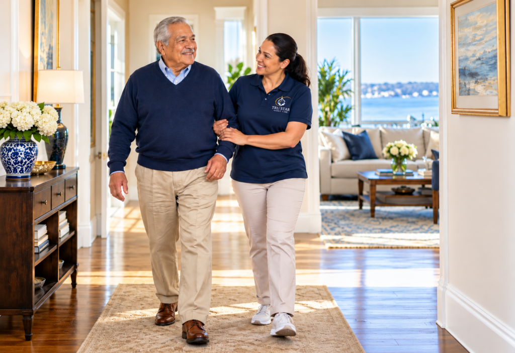 Tru Star caregiver providing safe walking and mobility support to a Long Island senior at home