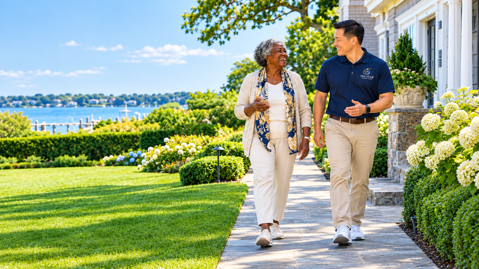 Senior and caregiver enjoying dependable support on Long Island