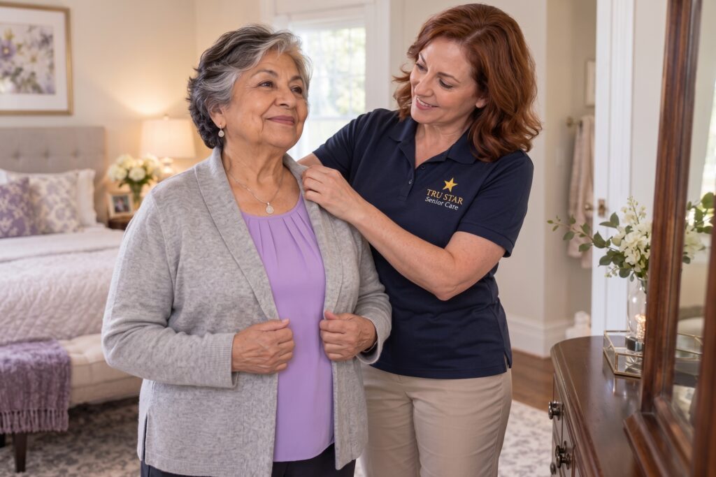 Tru Star caregiver respectfully helping a Long Island senior with dressing and grooming