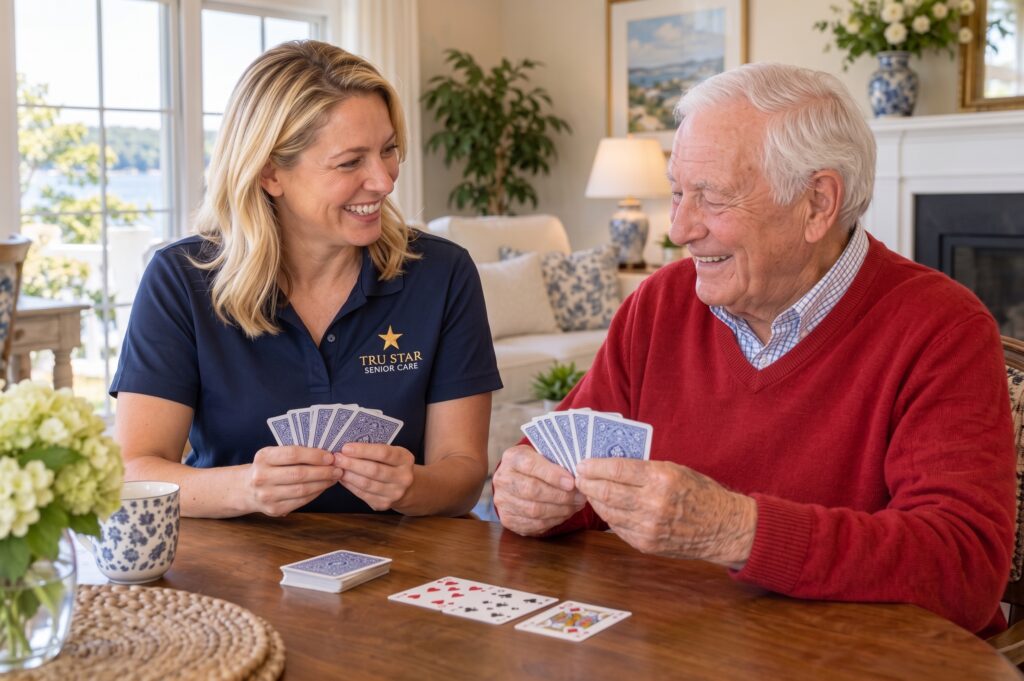 Companion caregiver enjoying cards and conversation with a Long Island senior at home
