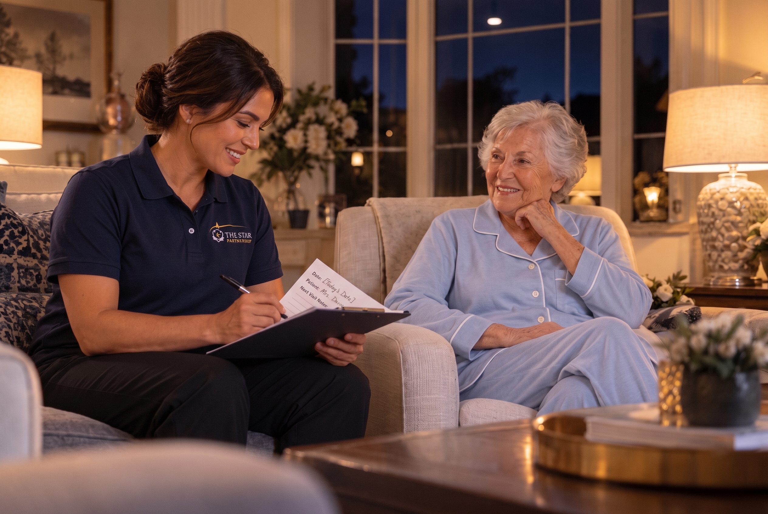 In-home caregiver taking notes during an evening consultation with a senior woman sitting comfortably in an armchair