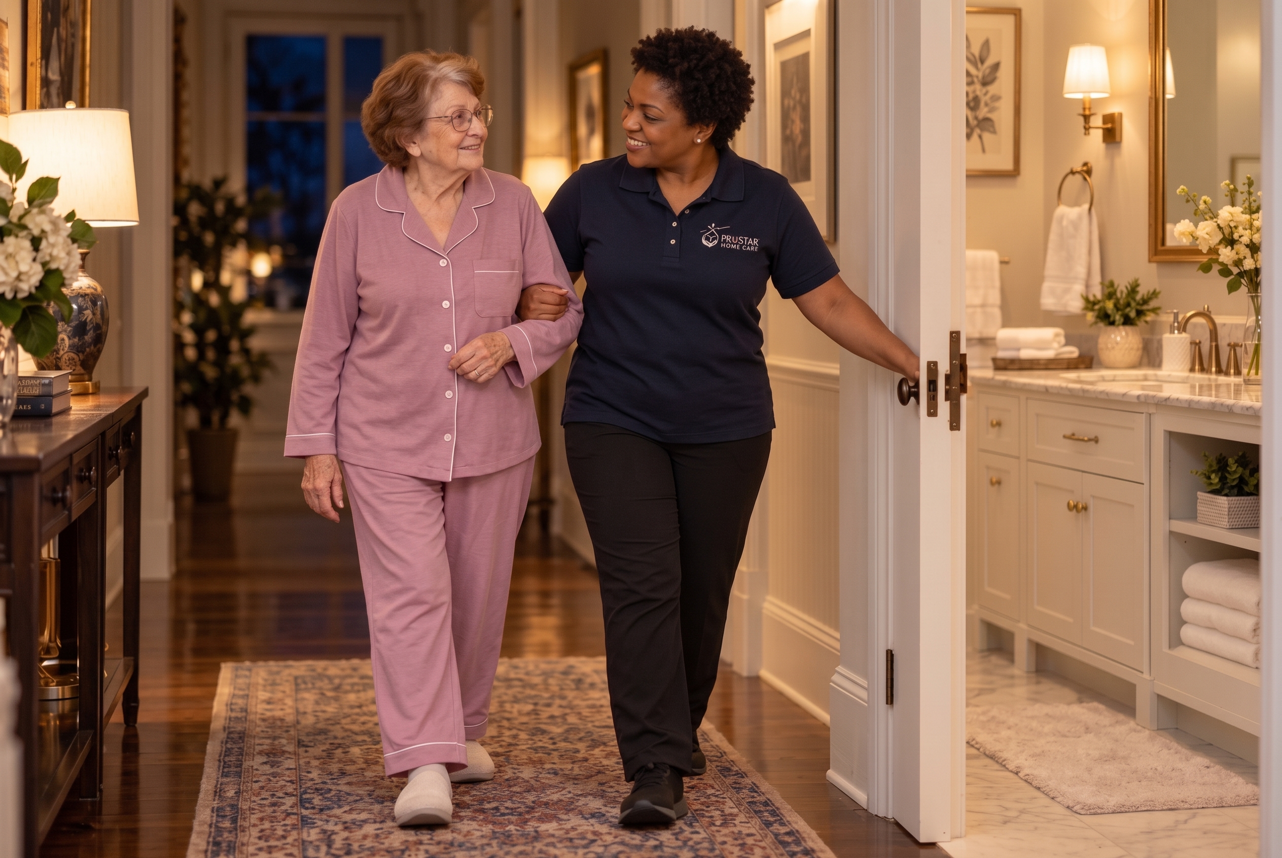 A caregiver in a navy polo assists a senior woman in pink pajamas as they walk down a hallway together, holding arms for support