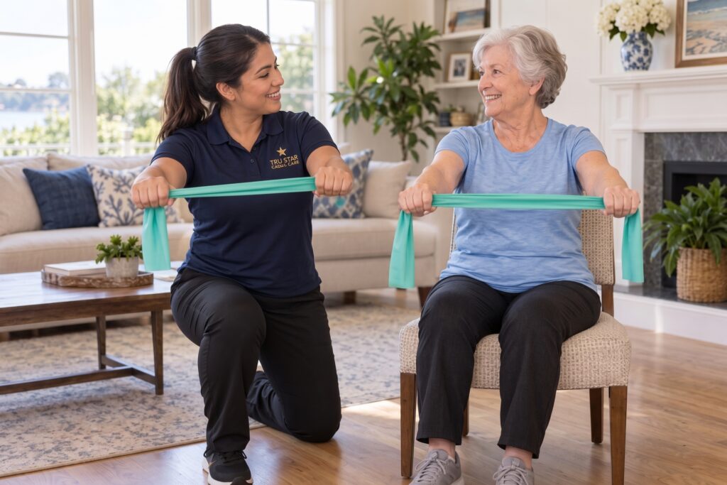 Companion caregiver encouraging a senior during safe seated exercise at home