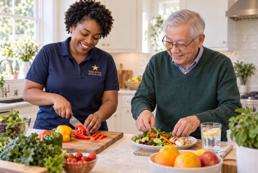 Tru Star caregiver preparing a healthy meal with a Long Island senior at home