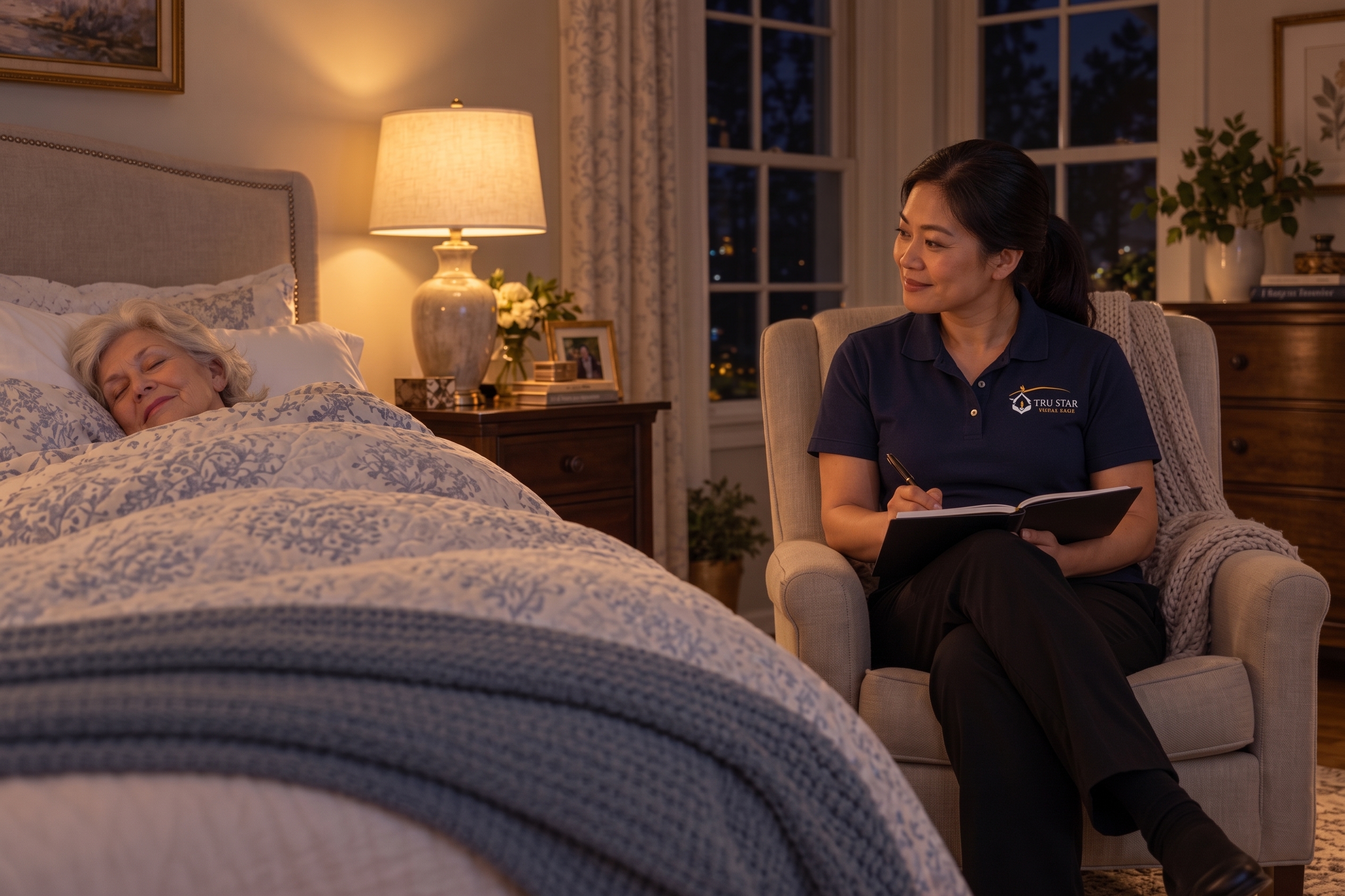 An Asian caregiver wearing a navy polo with the "Tru Star" logo sits in an armchair and looks smilingly toward a sleeping elderly woman in a cozy bed. The caregiver has a pen and is writing in an open notebook, with warm lamplight illuminating the nighttime scene.