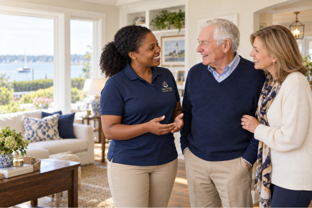 Tru Star Senior Care caregiver meeting with a Long Island senior and family member