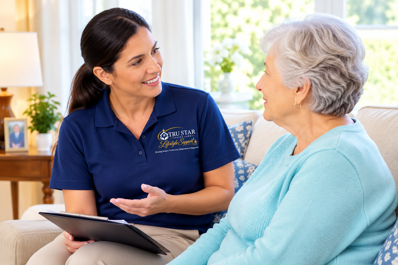 Caregiver discussing non-medical home care with a Long Island senior.