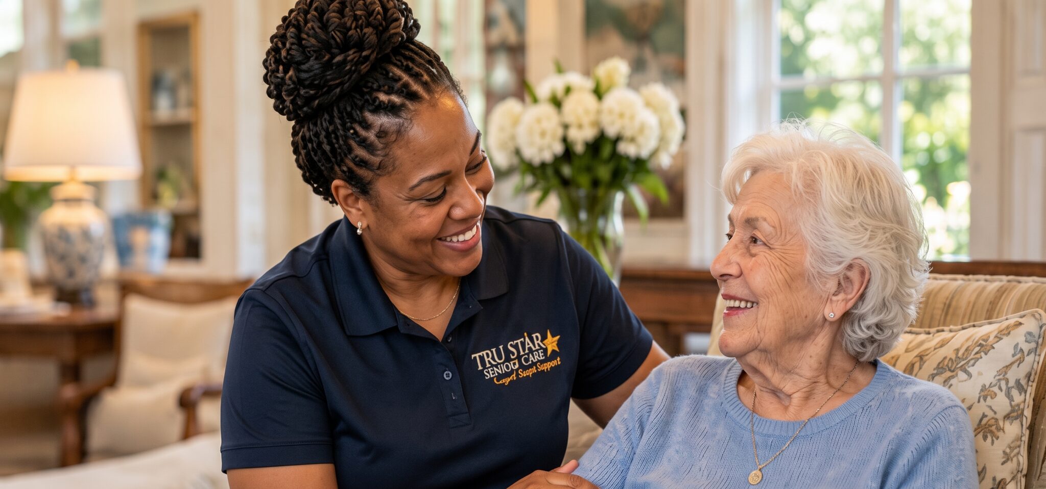 Private-pay home care caregiver assisting a senior at home in Great Neck NY