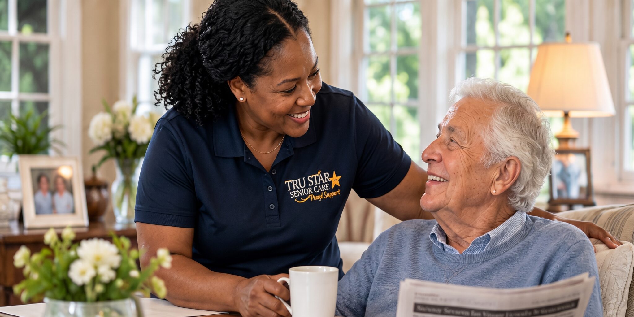 Private-pay homr care caregiver assisting a senior at home