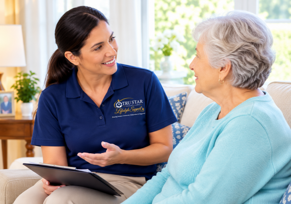Caregiver discussing non-medical home care with a Long Island senior.