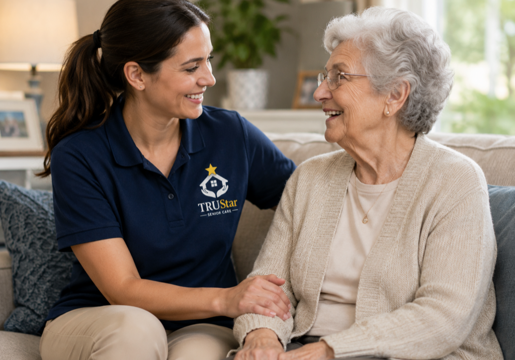 TRU Star caregiver and senior engaged in a conversation