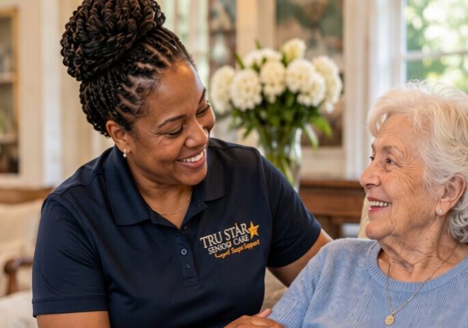 Private-pay home care caregiver assisting a senior at home in Great Neck NY