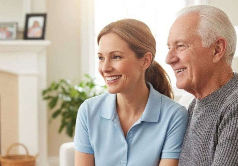 Smiling young woman and older man enjoying a moment together indoors.