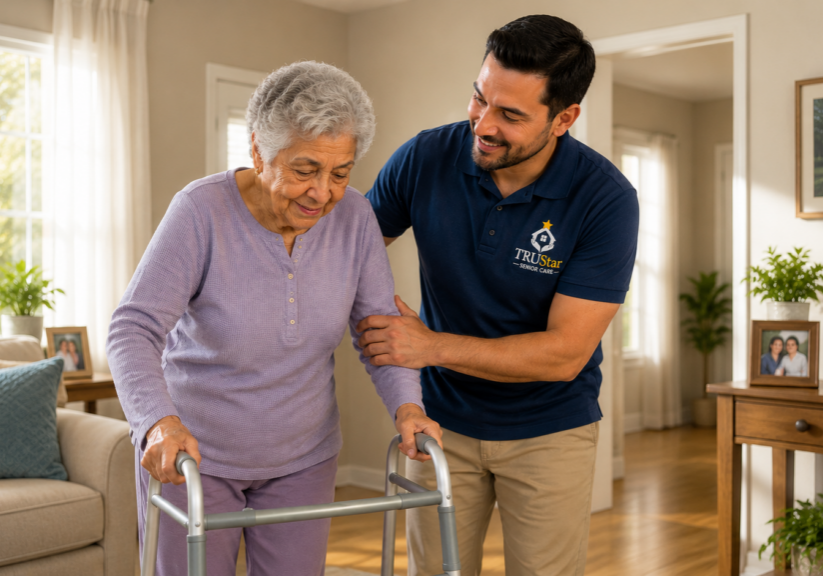 TRU Star Caregiver assisting a senior walking with a walker at home.