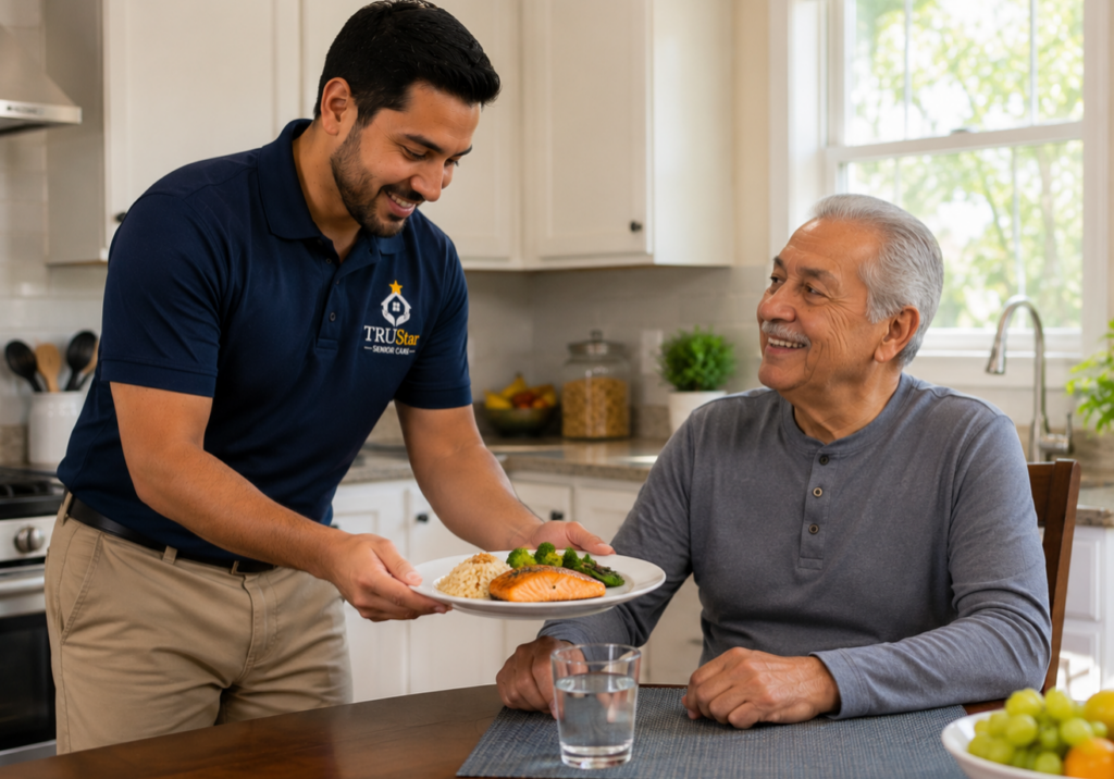 TRU Star caregiver serving a cooked meal to a senior.